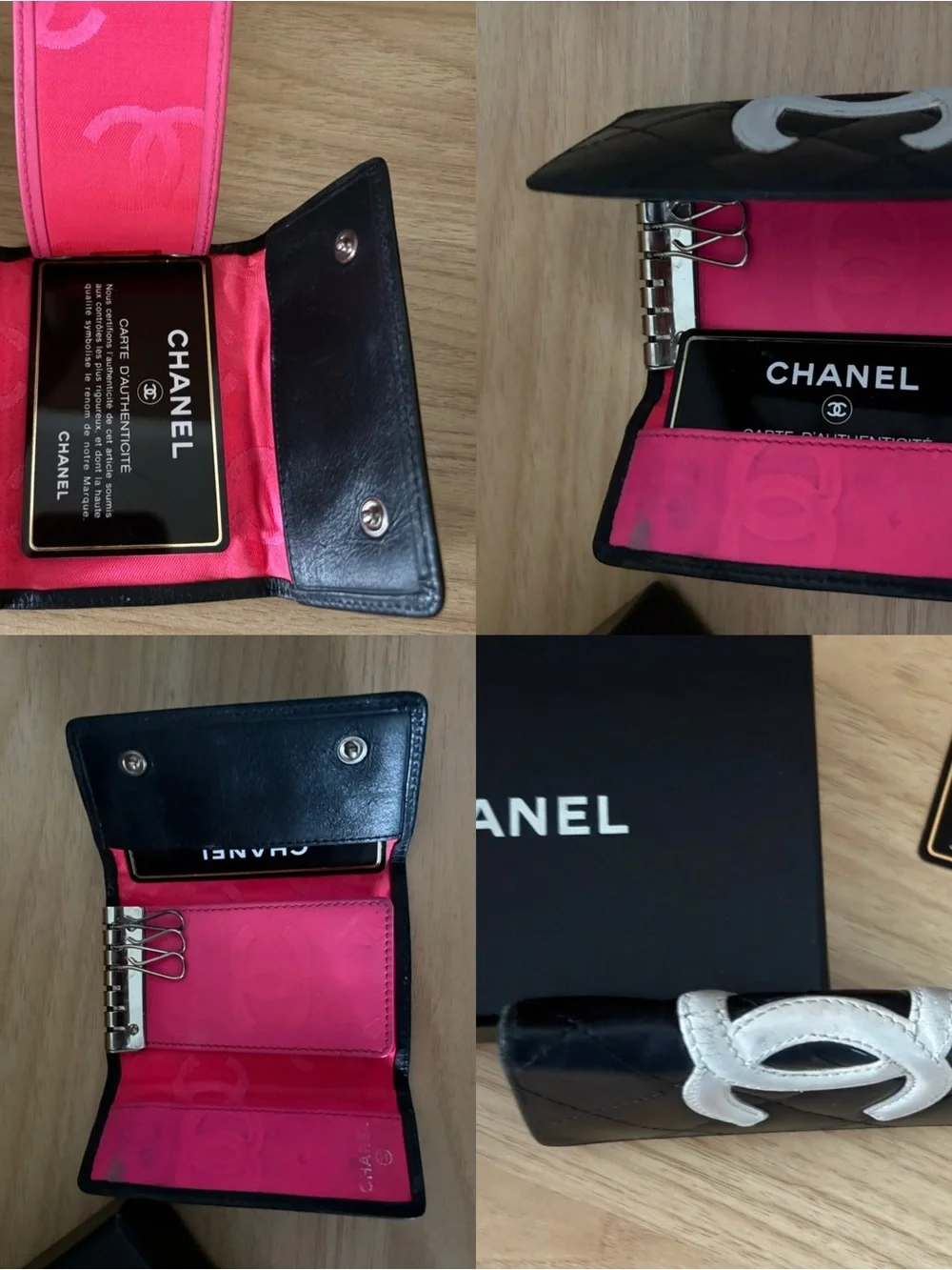 VTG CHANEL CAMBON Black Leather Key Case White CC Pink Interior Box Auth Card